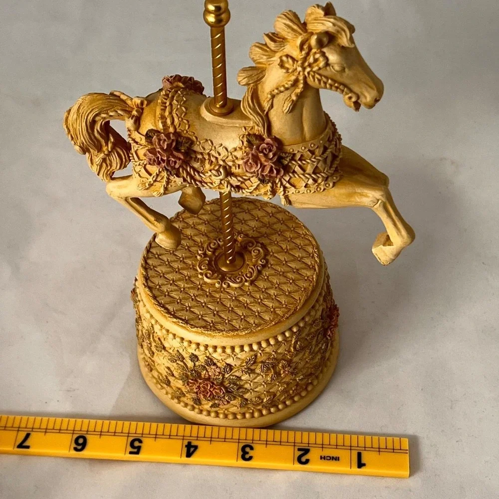 Vintage Carousel Horse Music Box WORKING Carousel Waltz Floral Gold Tone